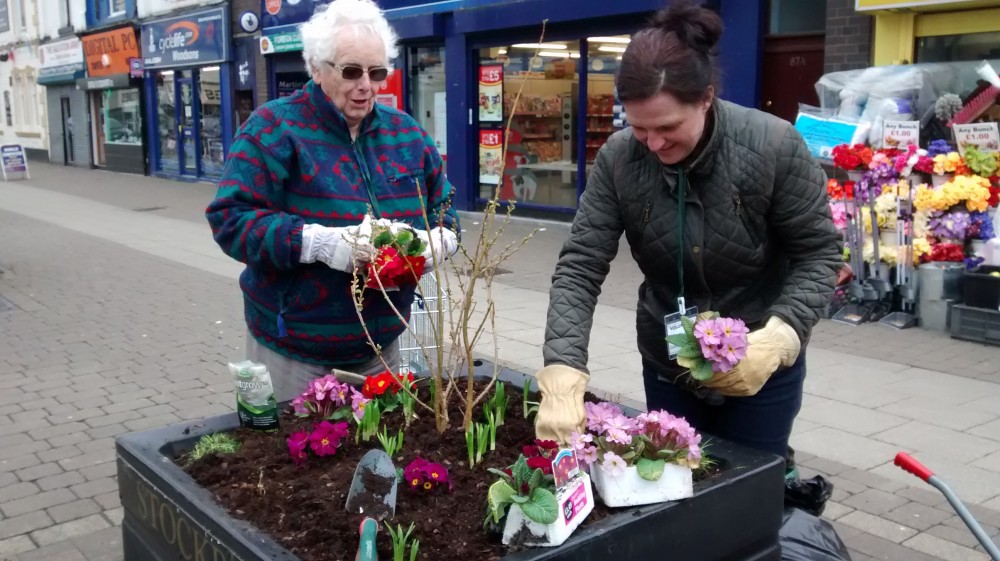 image of volunteers planting flowers