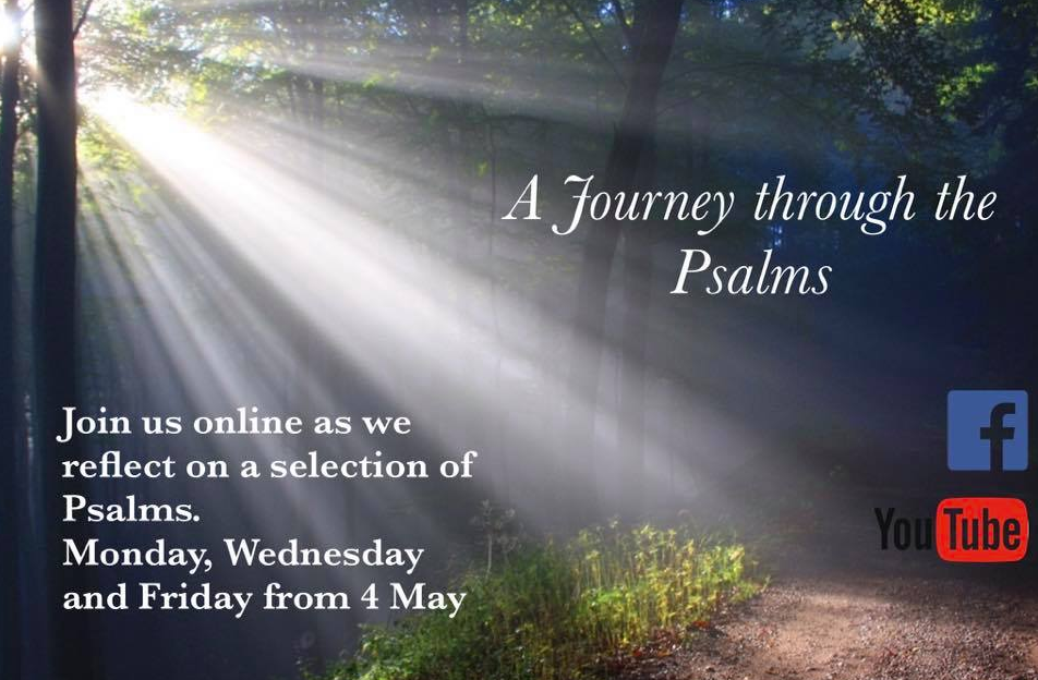 imag eof journey through the psalms poster, showing sunlight shining through trees onto a forest path